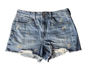 American Eagle Womens Embroidered Daisy Denim Shorts High Rise Distressed Size 4
